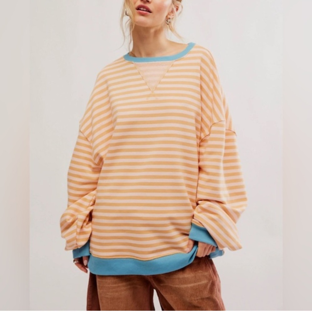 We The Free Peach & Cream Striped Oversized Long Sleeve Top - Picture 3 of 10